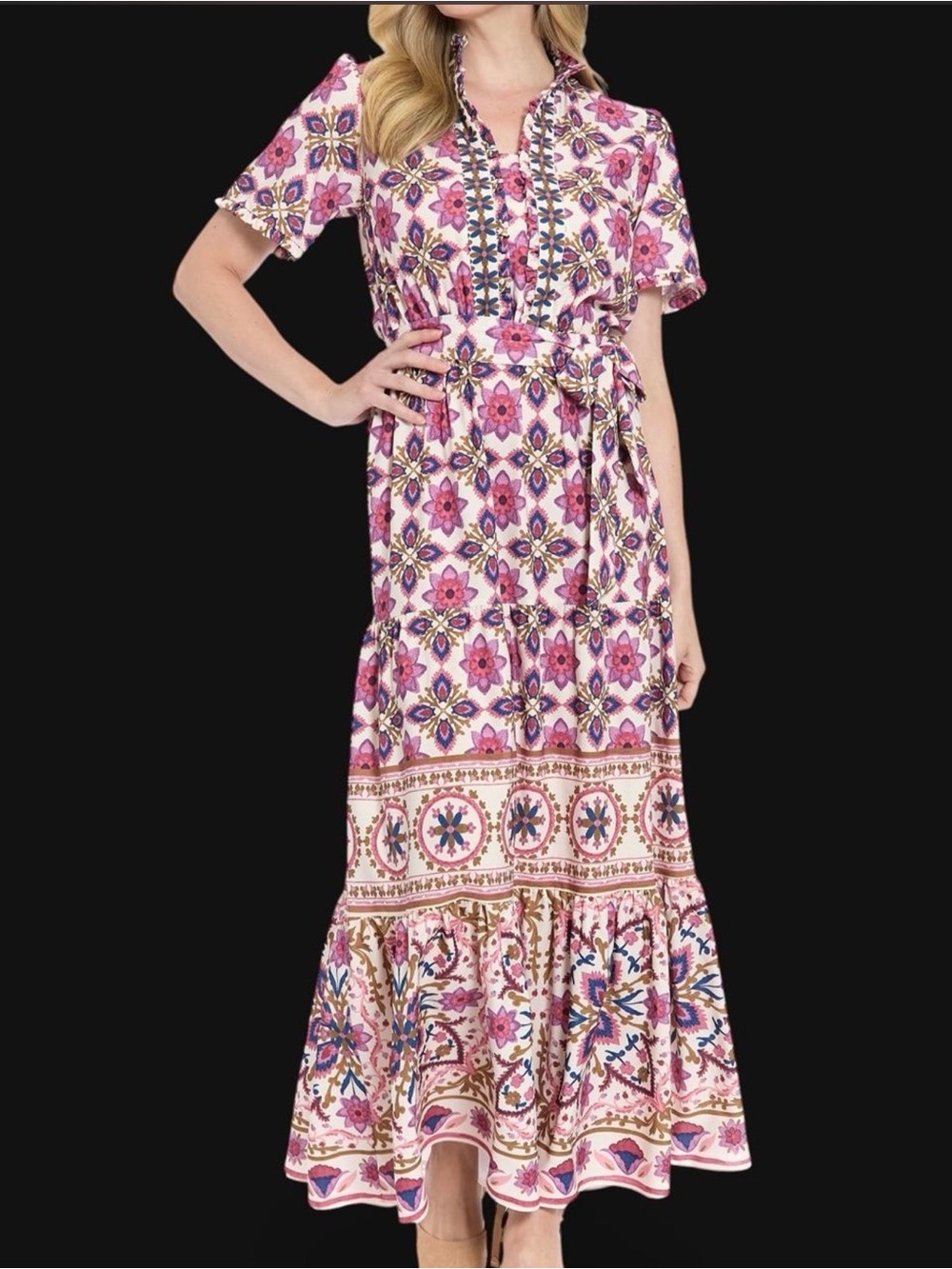 London Times Floral Short Sleeve Tie Waist Tiered Maxi Dress in Cream Rose Wine